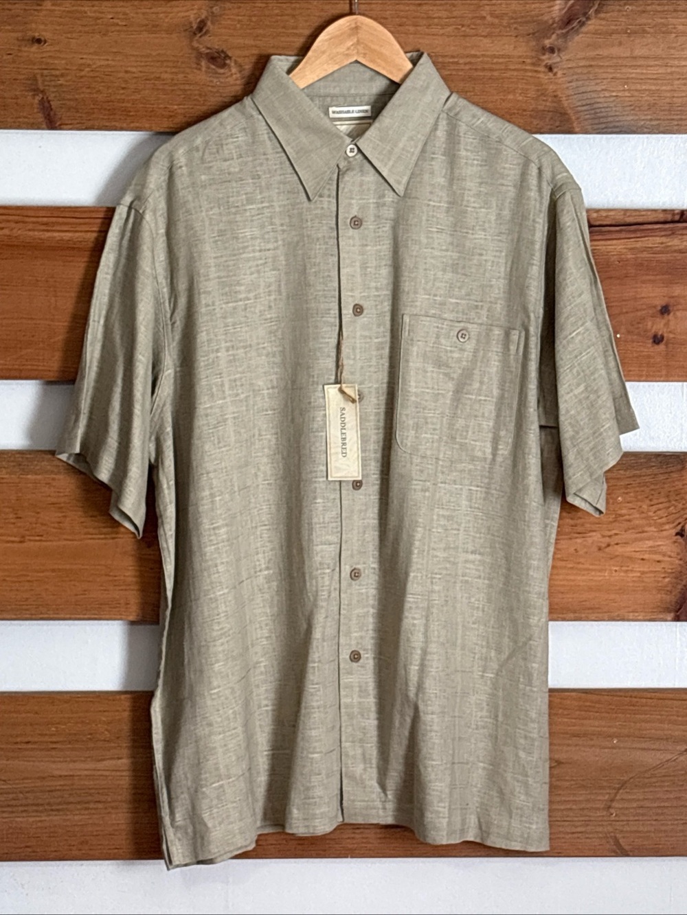 NWT Saddlebred Washable Linen Sandy Beige Short Sleeve Button Down Men's Size L
